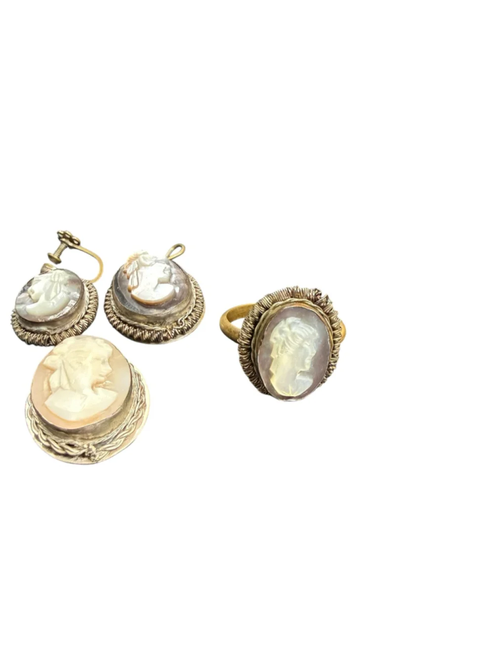 Vintage Cameo Jewelry Lot Ring Pendants Shell Cameos Single Screw Back Earring